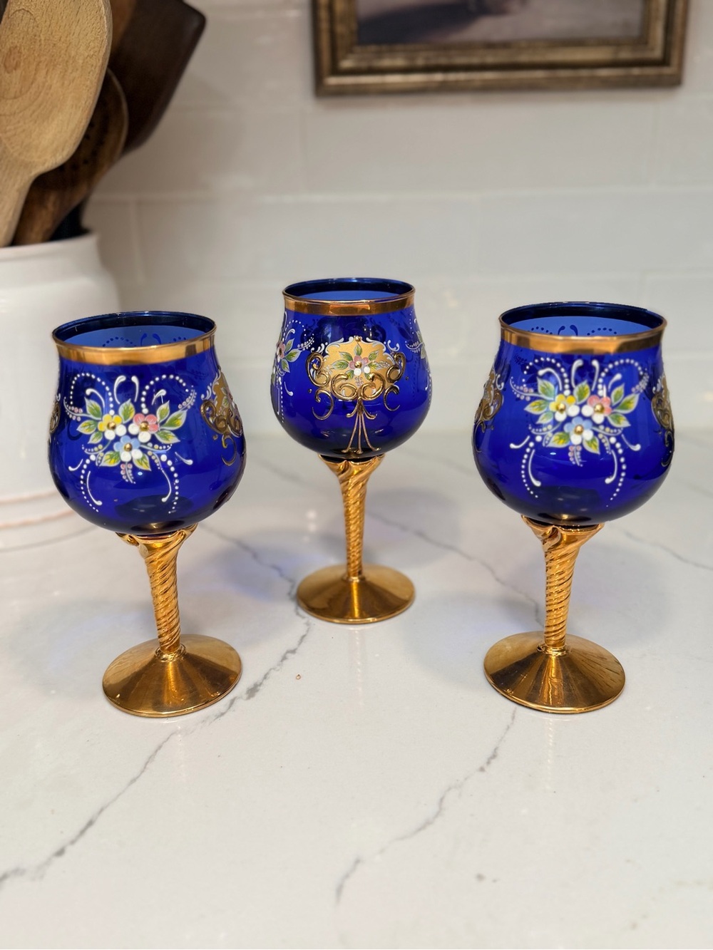Set of 3 Murano Venetian Cobalt Blue Hand-Painted Goblets with Gold Stems